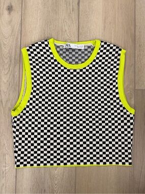Zara Black & White Checker Crop Tank with Neon Yellow Trim